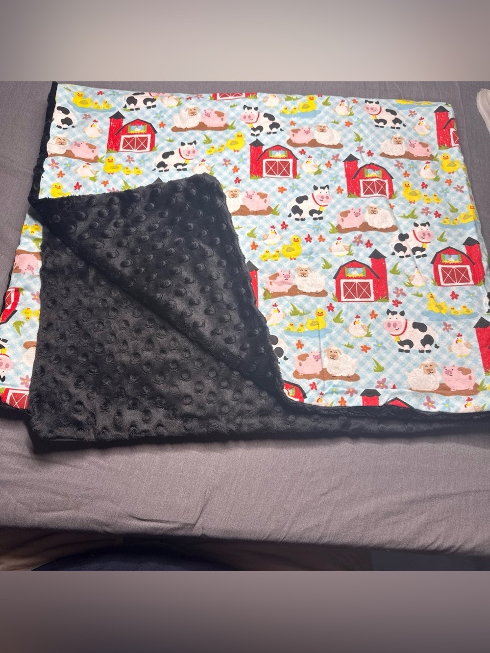 Handmade Farm Animal Minky Throw Blanket - Black & Multi